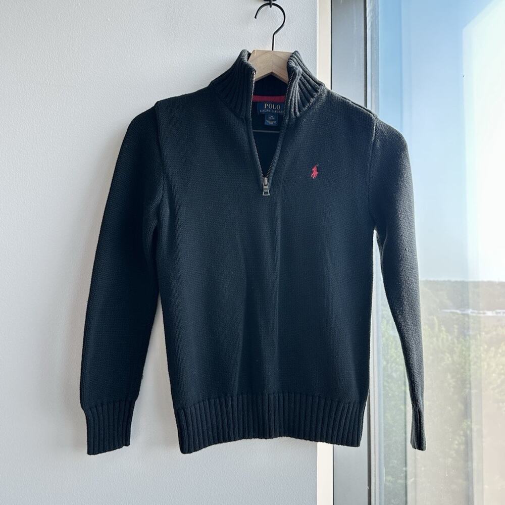 Polo Ralph Lauren Black Tight-Knit Mock Neck 1/4 Zip Cotton Sweater Men's L